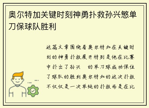 奥尔特加关键时刻神勇扑救孙兴慜单刀保球队胜利
