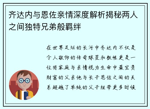 齐达内与恩佐亲情深度解析揭秘两人之间独特兄弟般羁绊
